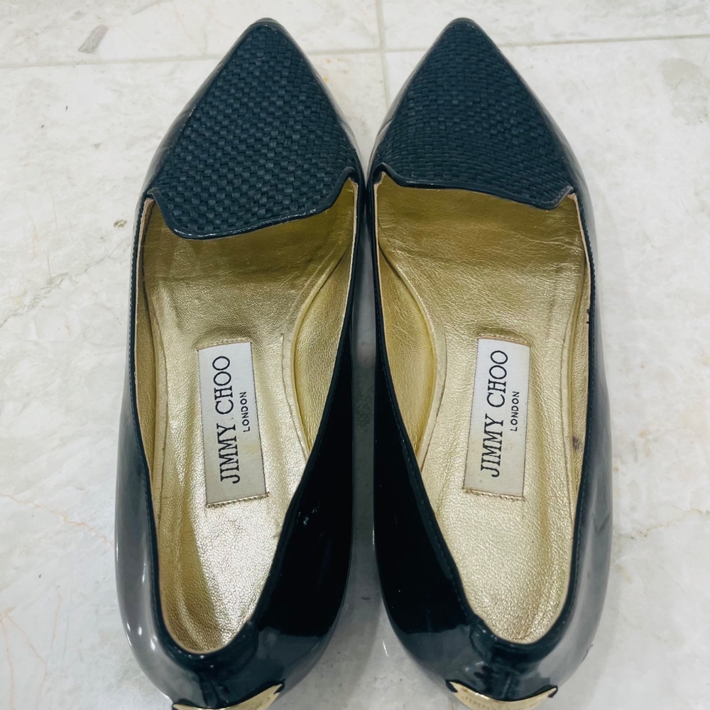 JIMMY CHOO {37.5} Loafers Black Patent Leather Fabric Pointed Toe - Picture 5 of 10